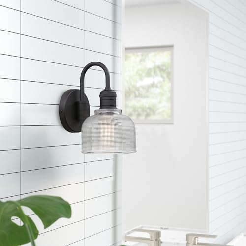 Image of Yosoan Brass Boho Vintage Wall Sconce with Striped Shade, 1-Light Modern Vanity Light Industrial Single Wall Mounted Hardwired Bowl Texture Glass Shade for Living Room Bedroom Kitchen Hallway(Black)