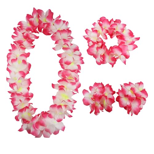 Aacehlh Hawaiian Leis Set Hawaiian Luau Flower Leis Necklace Headband Bracelets Set Essential Party Decorations for Birthday Graduation and Wedding Celebrations (Pink)