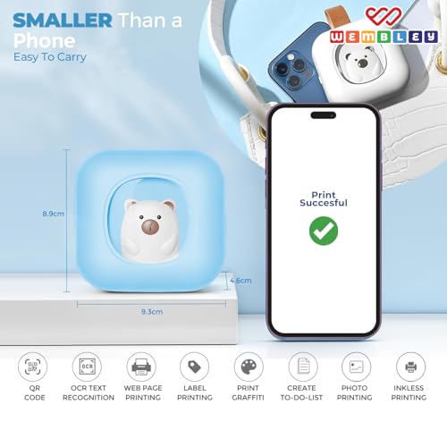 Image of Wembley Mini Bear Themed Thermal Printer| Portable, Wireless & Rechargeable| Safe & Ink-Free Color Printer for Kids Age 5+| Print Anytime, Anywhere (Blue)