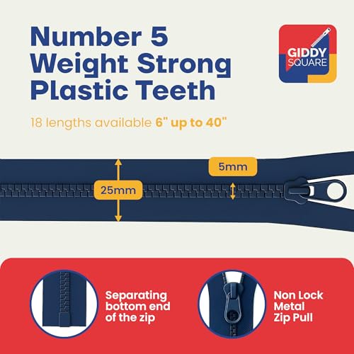 Black 14" (36cm) Heavy-Duty Chunky Zip – Separating Style, Strong #5 Teeth, Perfect for Handmade Bags & Accessories by Giddy Square