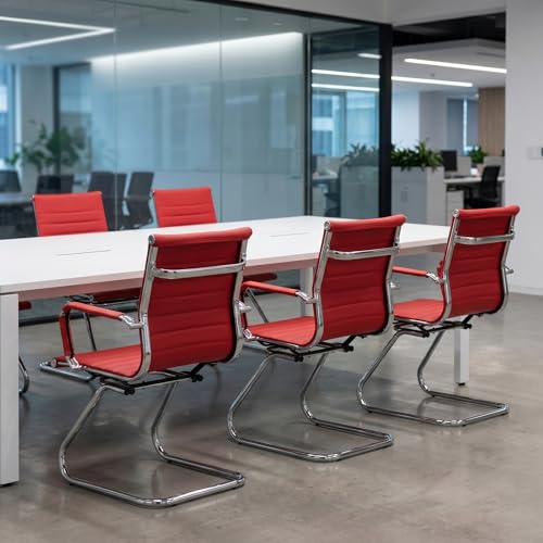 Image of HNY Leather Office Guest Chairs & Reception Chairs Set of 10, Modern Waiting Room Chairs with Arms, Desk Chair no Wheels with Sled Base for Waiting Room /Conference Room, Burgundy