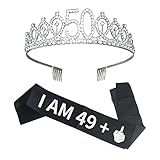 Joyiou 50 Birthday Gifts for Women, “I AM 49+1” Sash and Tiara Set, 50th Bday Decorations Funny Gifts for Women, Fifty Years Old Birthday Party Crown Silver Foil Satin Sash Favors Supplies