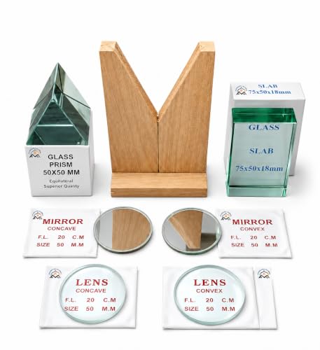 Image of Optical Set| Set of Convex Lens 50 mm, Concave Lens 50 mm, Convex Mirror 50 mm, Concave Mirror 50 mm, Prism 50 mm x 50mm x 50mm, Glass Slab 75 x 50 x 18mm, Mirror /Lens Stand