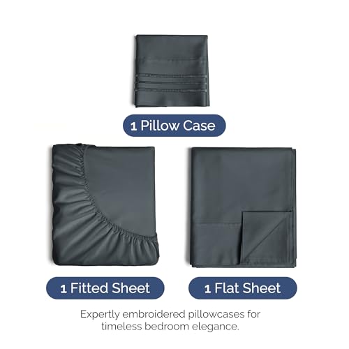 Image of Twin XL Size 3 Piece Sheet Set - Ultra Soft & Cooling Sheets - Slate Blue | Fits 8 Inch to 16 inch Mattress, Wrinkle Free & Fade Resistant with Deep Pockets, Breathable, Comfy Hotel Luxury Bedding