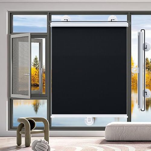 Persianas Enrollables Interior Opacas,Estores Enrollables Parasol para Ventanas,con Ventosas,Persianas Temporales Sin Taladrar,Cortinas con Aislamiento Térmico,Negros,Black-40×125cm(16 * 49in)