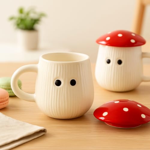 Image of The Deluxe Creations Ceramic Coffee Mug with Lid - Set of 2, 200ml Each - Cute Mushroom Mug for Coffee & Tea, Microwave & Dishwasher Safe, Gift for Christmas & New Year, Office & Home
