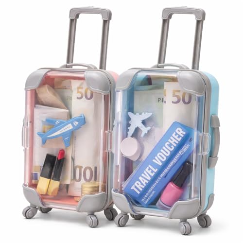 KIJUK Mini Koffer Geschenkbox 2 Stücke Wiederverwendbare Reisegutschein Verpackung mit Rollen & Griff - Für Geldgeschenke Urlaubsüberraschung zu Geburtstag Hochzeit (Pink and Blue 9.5 * 7 * 3.5cm)