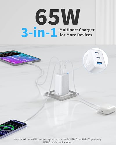 Image of 65W GaN Charger,3-Port USB C Charger,Wall Compact Foldable Fast Charger for iPhone 17 Pro Max /17 Pro /17 Air,16 Pro /16e Series, iPad, Samsung Galaxy S26 /S25(White)