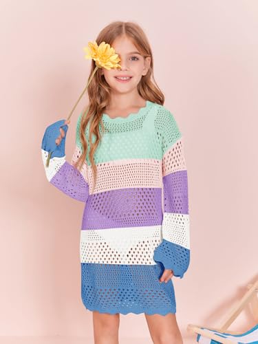 Image of Batermoon Girls Crochet Long Sleeve Swimsuit Cover Up Kids Fashion Hollow Out Swimwear Beach Dress 5-14 Years