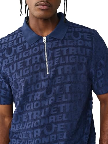 Polo True Religion para hombre de manga corta con logo de punto Terry, rayas universitarias y cuello con muesca en V miniatura 5