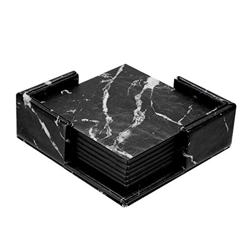 Leather Coasters with Black Marble, Thipoten 6 Pcs Drink Coasters with Holder, Protect Furniture from Water Marks Scratch and Damage(Black Marble, Square)