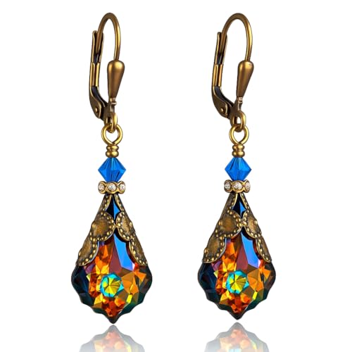 Antique Inspired Vintage Victorian Dangle Drop Earrings for Women - Colored Austrian Crystal Leverback Earrings - Jewelry Gift for Her