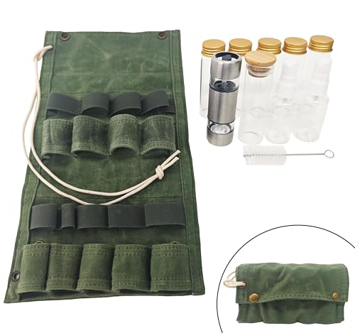 WINRIOO Camping Travel Spice Kit,Portable Mini Camping Spice Containers with 6 Jars,1 Salt-Pepper Grinders,2 Oil Spray,Foldable Canvas Seasoning Storage Bag for Outdoor Picnic BBQ