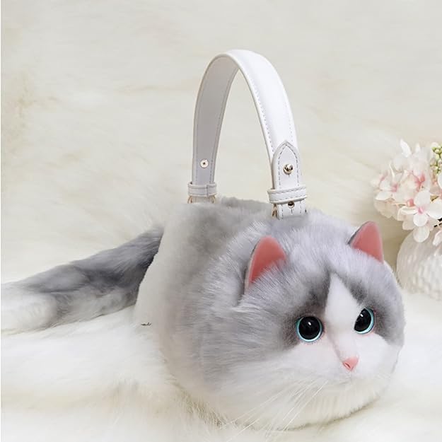 Image of Realistic Puffy Plush Cat Shaped Crossbody Handbag for Women, Realistic Cat Bag Realistic Cat Purses for Women, White