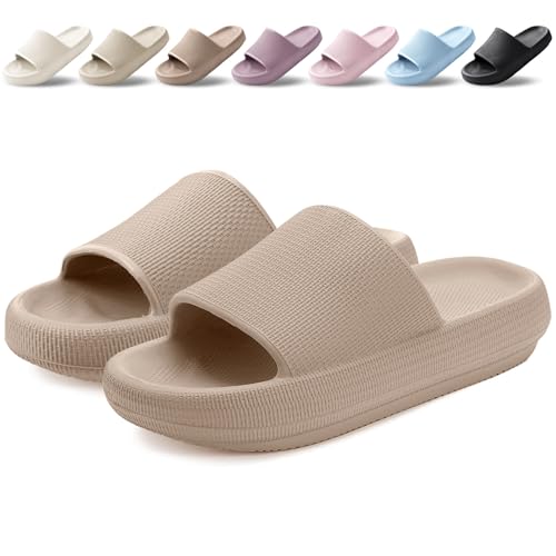 BAXIWUY Badelatschen Damen Badeschuhe Herren Schlappen Badeschlappe Cozislides Original Slippers Rutschfest Hausschuhe Sommer Pantoletten Wolkenschuhe Flip Flops Indoor/Outdoor，Braun，40-41 EU 1