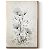 WHASAYART Large Framed Floral Wall Art 24x36 Inch, Elegant Modern Black and White Flower Painting Canvas Print, Minimalist Botanical Artwork Living Room Bedroom Contemporary Home Decor