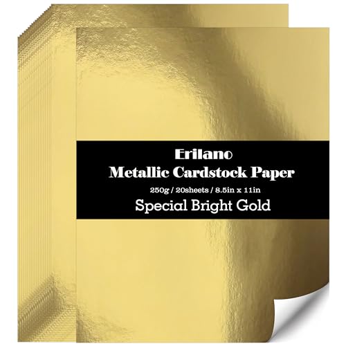 Erilano Gold Cardstock Paper 8.5x11 inch 20 Sheets Premium 92lb/250GSM Metallic Mirror Finish for Wedding Invitations Card Making Certificates Scrapbooking Party Decorations