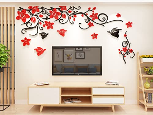 Encoft 3D Wall Decor Wall Stickers, Acrylic Wall Decals, Red Flower Wall Decor Stickers, Decorative Wall Art, Room Decor For Living Room, Bedroom, Dining Room, Kitchen, 86.6" X 26" #TOP5