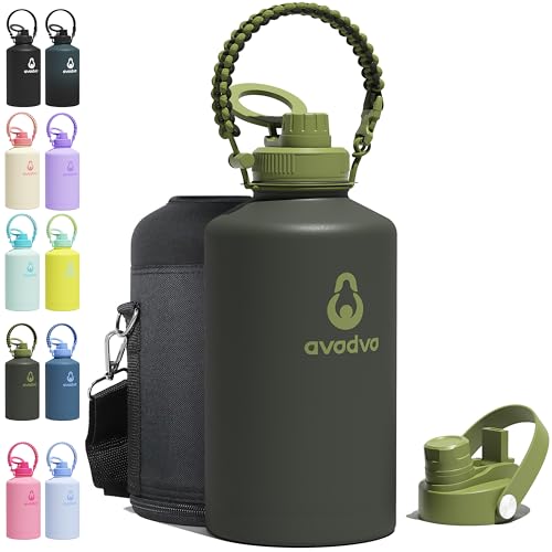 avodvo 1 Gallon Water Bottle with 2 Lids (2-in-1 Straw & Spout Lid, Magnetic Lid), Insulated Water Bottle with Strap, Stainless Steel Water Bottle for Hiking, Gym, Travel, BPA-Free, Army Green avodvo 1 Gallon Water Bottle with 2 Lids (2-in-1 Straw & Spout Lid, Magnetic Lid), Insulated Water Bottle with Strap, Stainless Steel Water Bottle for Hiking, Gym, Travel, BPA-Free, Army Green