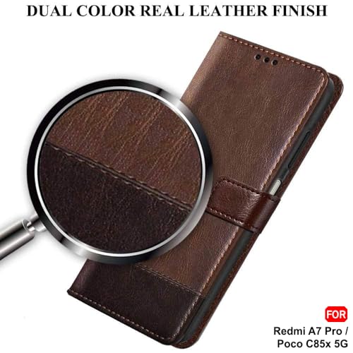 Image of TheGiftKart Flip Back Cover Case for Mi Redmi A7 Pro /Poco C85x 5G / C81 | Dual-Color Leather Finish | Inbuilt Stand & Pockets | Wallet Style Flip Back Cover Case (Faux Leather, Brown & Coffee)