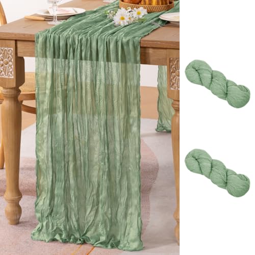Image of MLMC 2 Pack Sage Green Table Runner 10ft Rustic Gauze Cheesecloth Table Runner Sage Cheese Cloth Centerpiece Decor 35x120 Inches for Boho Wedding Bridal Shower Party Decor
