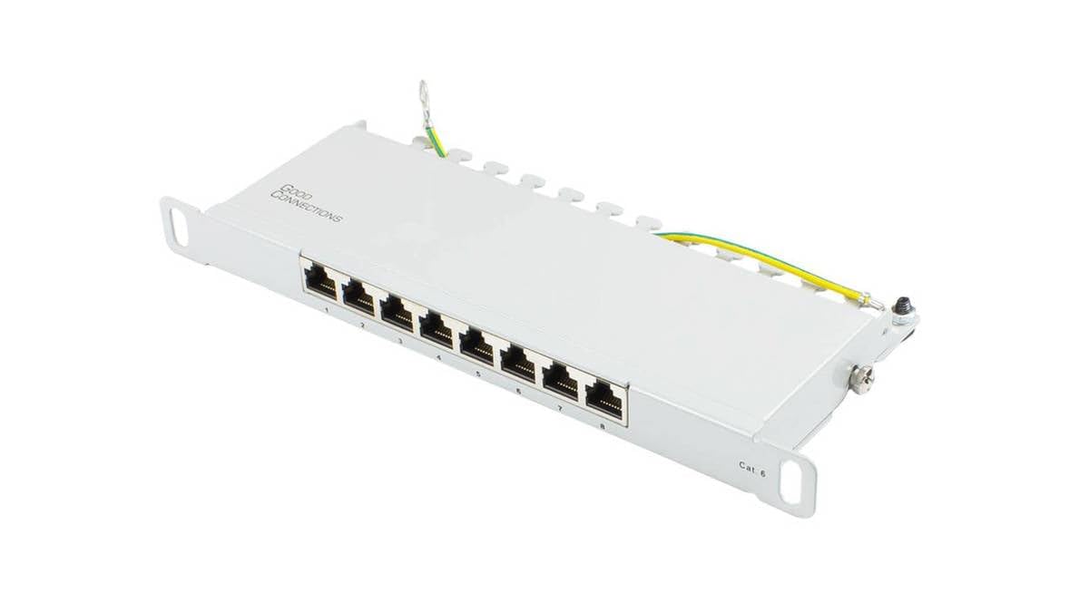 Good Connections Pannello patch da 10" per armadi a parete/armadi di rete da 10" Cat. 6, 250 MHz - GIGABIT - 8 porte - 0,5 U - schermato - Apertura senza attrezzi - grigio chiaro (RAL7035)