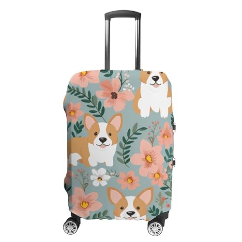 Corgi Floral Flowers Spring Garden Luggage Cover, Washable Elastic Suitcase Cover Protector Fit 18-32 Inch Luggage