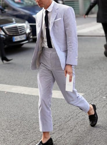 Summer Seersucker Suits for Men Slim Fit Casual Beach Wedding Grooms Seersucker Blazer Pants 2 Piece3