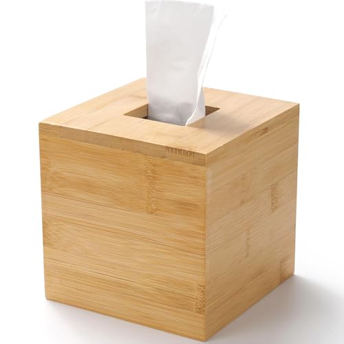 Bamboo Tissue Box Cover Square Wood Tissue Box Holder Wooden Facial Paper Holder for Bathroom Bedroom Dinner Table Office (Square - 1 Pack)