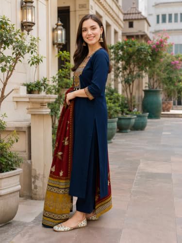 Image of BHARVITA Women's Cotton Embroidered Anarkali Kurta and Palazzo with Dupatta Set