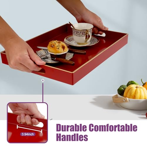 Gifturbo Red Large Serving Tray with Handles，Rectangular Plastic Elegant Decorative Coffee Table Tray for Ottoman, Living Room, Bathroom, Home Decor, Vanity Tray with Gold Trimming, 15.7” x 11.8” by Gifturbo - Image 3