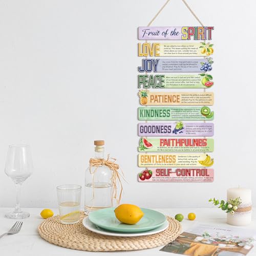 Image of HPNIUB Scripture Fruits Spirit Wall Decor, Bible Verse Funny Kitchen Wooden Sign, Colorful Religious Inspirational Quote Wall Hanging Plaque for Classroom Sunday School Church Dining Room Decoration