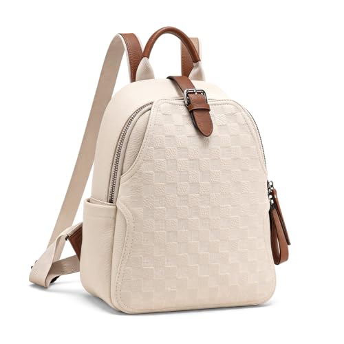 MYEVAA Mochila pequena para mulheres, linda bolsa feminina xadrez de couro PU, mochila leve de ombro para escola e viagem, Branco