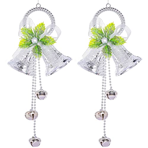 cnomg 2 pcs Metal Christmas Bell Door Hanging Bell Ornament with Bow Bell Ornament Bell Tree Pendent for Christmas Tree Wreath Decoration DIY Bells (Sliver, 2)