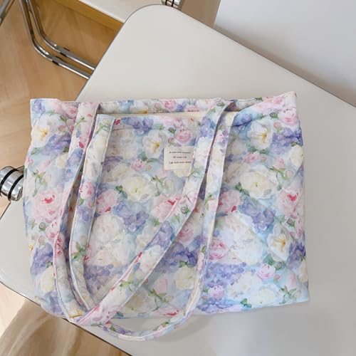 Image of Floral Quilted Cotton Shoulder Bag for Women Daily Use Medium Size Handbag Large Capacity Thickened Design Tote
