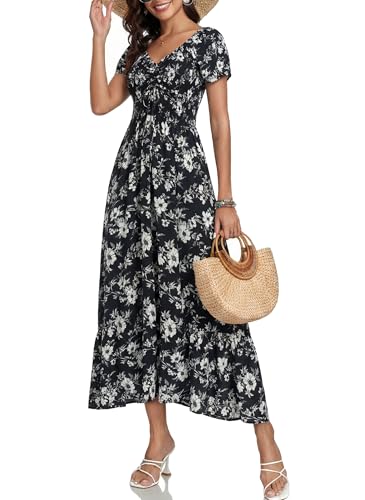 Image of Summer Smocked Boho Maxi Dress for Women 2026 Short Sleeve Floral Smocked Flowy Ruffled Beach Vacation Dresses Lightweight