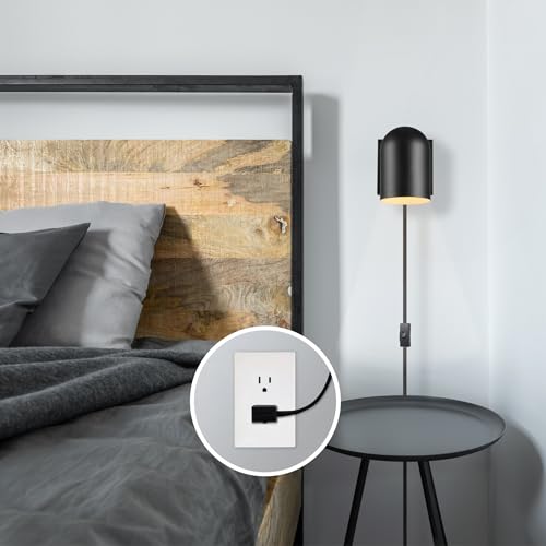 Image of Globe Electric 1-Light Matte Black Plug-in or Hardwire Wall Sconce | Matte Black, 6 ft Braided Cord, Rocker Switch, Modern Wall Lamp for Living Room, Bedroom