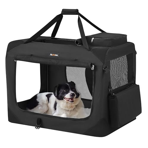 Feandrea 81 cm Collapsible Soft Dog Crate, Portable Travel Dog Crate for Indoor and Outdoor Use, Dog Carrier Kennel with Safety Zippers, for Living Room, Car, Travelling, Camping, Black PDC80H