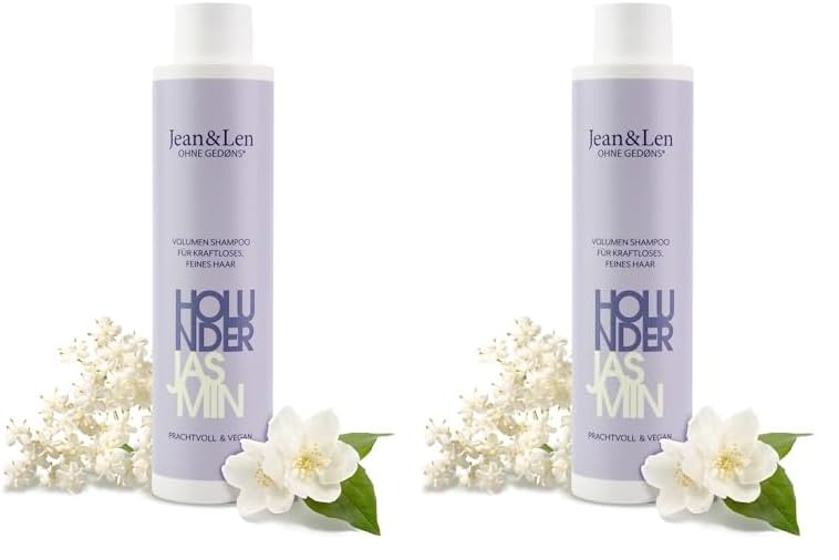 Jean & Len Volumen Shampoo Holunder & Jasmin, für kraftloses und feines Haar, verleiht Volumen, fruchtig-blumiger Duft, ohne Parabene und Silikone, vegan, 300 ml (Packung mit 2)