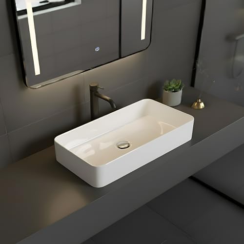 Image of WASSMIST Premium Wash Basin | Designer Ceramic Washbasin | Acid & Fade Resistant Table Top Bathroom Sink (24.61x15.35x4.33 Inch)