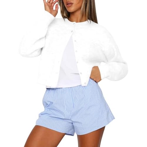 Kistore Womens Cropped Cardigan Sweaters Crew Neck Long Sleeve Button Up Sweaters Lightweight Knit Trendy Sweaters 2026 A-white XX-Large