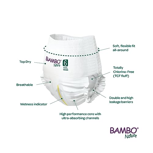 Image of Bambo Nature Premium Baby Pants Diapers for Kids XXL Size (18+ Kgs) - Super Absorbent, Breathable, Extra Soft, Dermatologically Tested, Hypoallergenic Toddler Nappies With Wetness Indicator, 54 Count