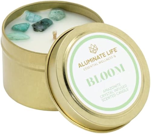 Aluminate Life Luxury Candle Tin, 4 OZ, Bloom - Amazonite Crystal Infused - Scents of Lavender, Neroli, and Jasmine - Hope, Discovery, & Growth - Coconut Wax Blend, Essential Oils, Dr. Developed