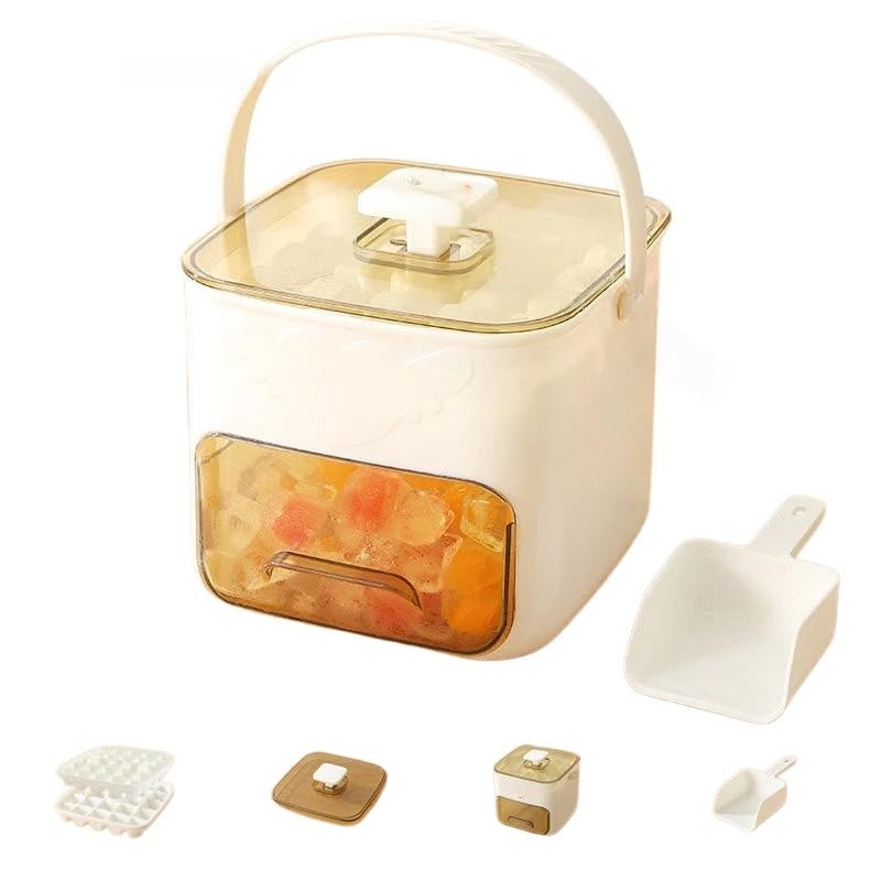 One-Press Ice Cube Maker with Storage Bin, Mini Press-Type Ice Maker 48-Grid Double Layer, Pull-Out Ice Drawer with Portable Handle for Personal Use in Whiskey, Cocktail, Coffee and DIY (White)