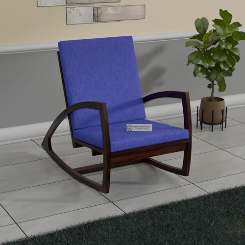 Image of Jangid Handicraft Solid Sheesham Wooden Rocking Chair for Living Room | Lounge Chair for Bedroom | Contemporary Swing Arm Chair for Balcony | Modern Arm /Sofa Chair | Navy Blue Cushion & Walnut Finish