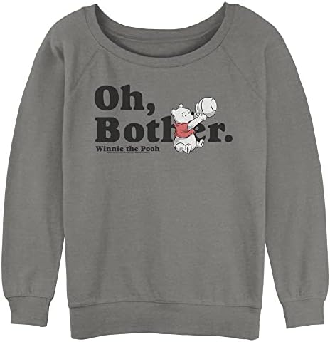 Disney Women's Winnie The Pooh More Bothers Junior's Raglan Pullover with Coverstitch, Gray Heather, X-Large