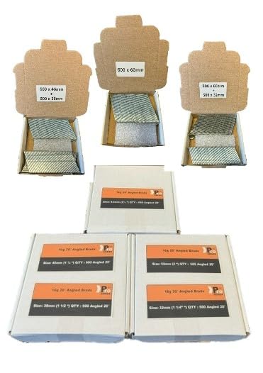 Brad/Nails 16G Angled 2500 Pieces, 32mm/38mm/45mm/50mm/63mm Lengths, for Dewalt, Paslode, Hitachi Nailers