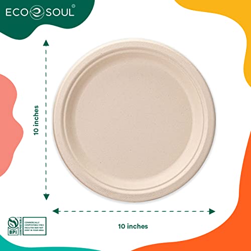 Eco Soul 100% Compostable 10 Inch Paper Plates [100-Pack] Disposable Party Plates I Heavy Duty Eco-Friendly Sturdy Dinner Plates Disposable I Biodegradable Unbleached Sugarcane Eco Plates #TOP1