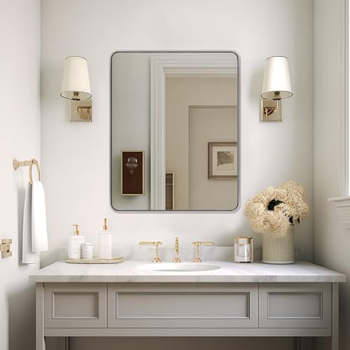 Image of ANDY STAR 40x32 Inch Chrome Mirror for Bathroom, Chrome Bathroom Vanity Mirror, Rounded Rectangle Mirror, Anti-Rust SUS304, Seamless Tube Metal Frame, 1'' Deep Wall Mounted Vertically /Horizontal