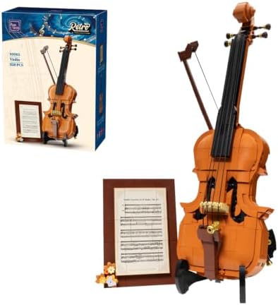 PANTASY Violine Klemmbaustein-Set für Erwachsene mit Ständer und Bogen | Beethoven-Notenplatte im Vintage-Stil, goldfarbene Details und Displayständer – stilvolle Musikdeko und Ges